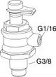 Abbildung eines Anschlusses mit Absperrung von IMI Hydronic Engineering. Zu sehen sind zwei Anschlussgewinde, G1/16 und G3/8, sowie ein Hebelmechanismus zur Steuerung.